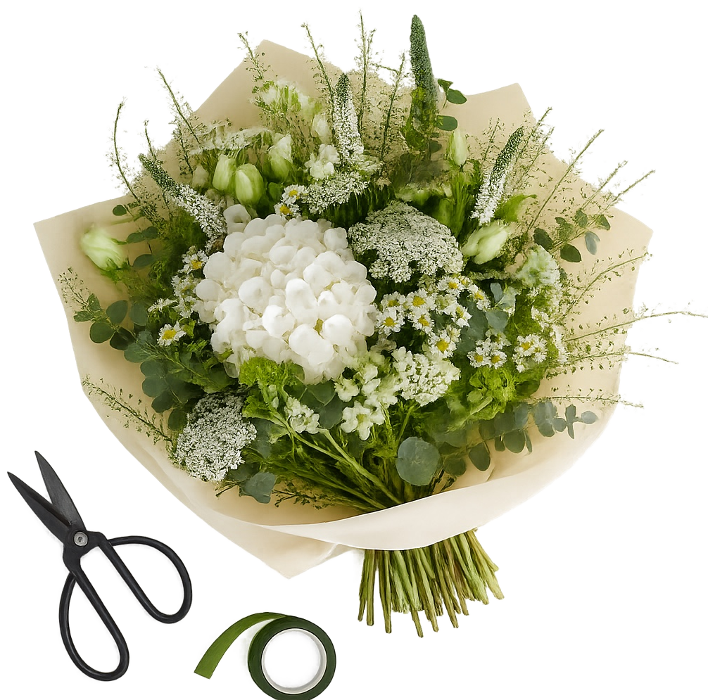 Bouquet blanc et vert avec ciseaux et ruban