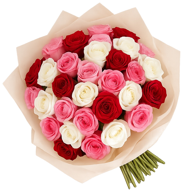 Bouquet de roses rouges, roses et blanches